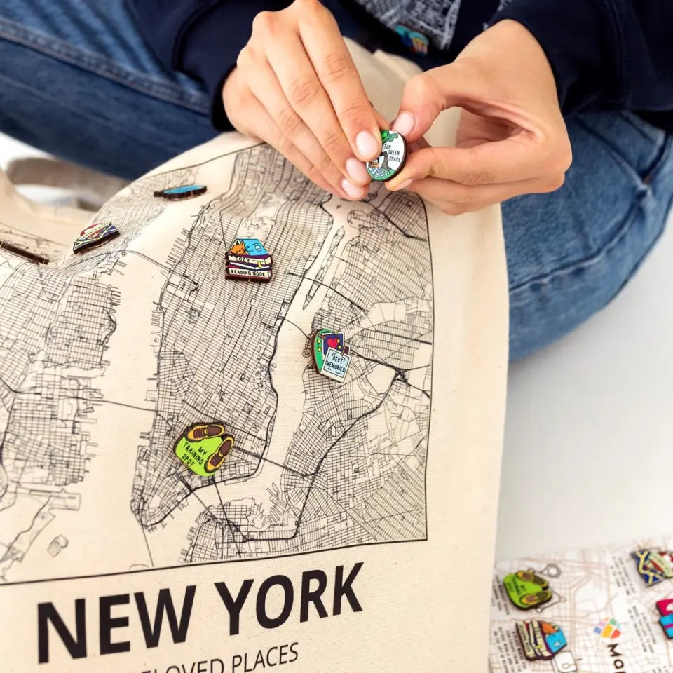 Custom Map Tote Bag & Wooden Pin Set